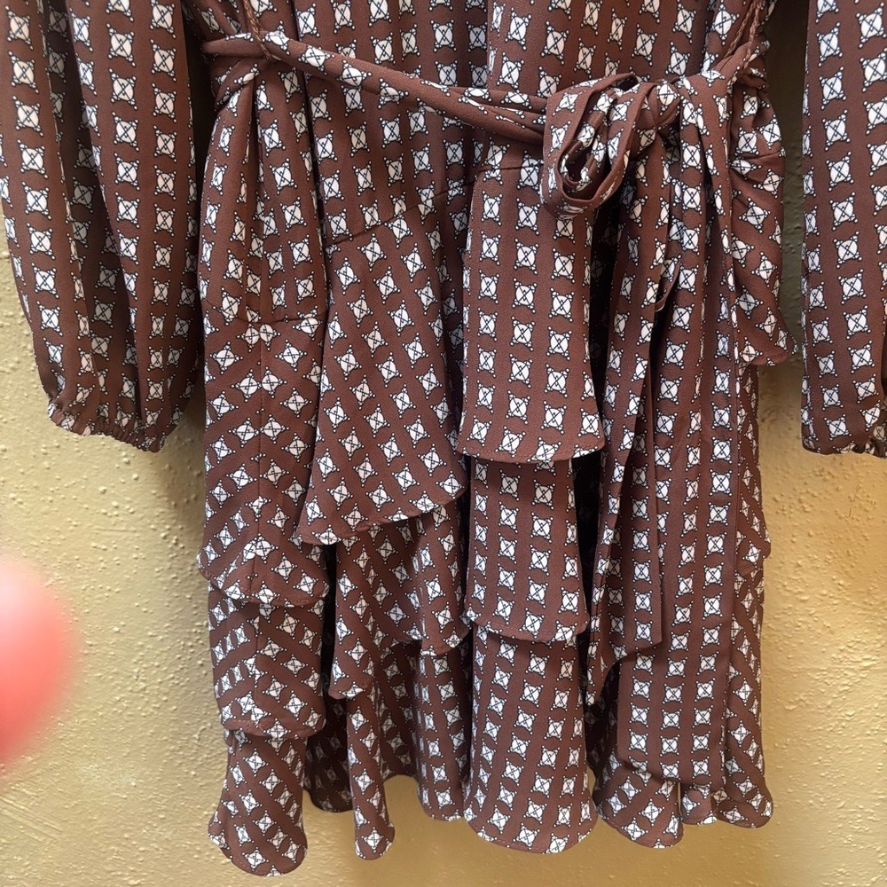 CeCe Brown Geometric Print Long Sleeve Tiered Ruffle Mini Dress XL RN90714 - Picture 7 of 10